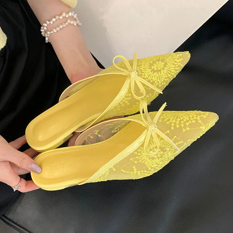 Butterfly-Knot Mesh Flats Slippers Mules Shoes Slides Pointed Toe Flats Sandals Shoes