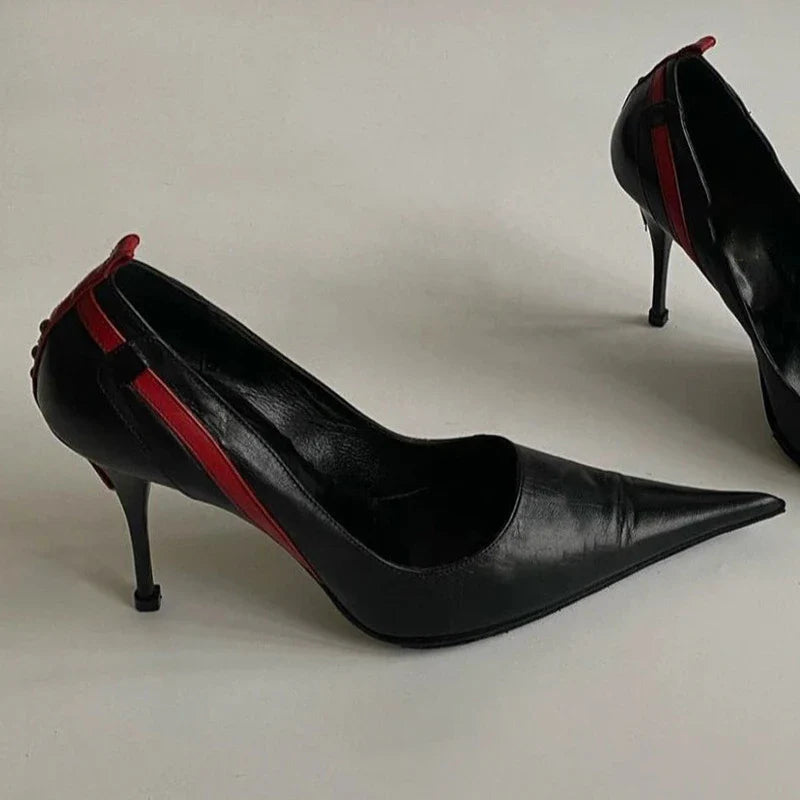 Pointed Toe Stiletto Rivet Decoration Shoes Black and Red Rome Shoes Slip-on Hand-made