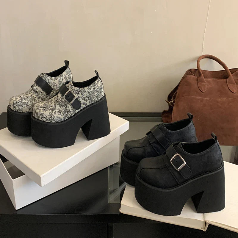 Chunky Platform Buckle Strap Street Style Round Toe Very Square High Heels Stripper Club