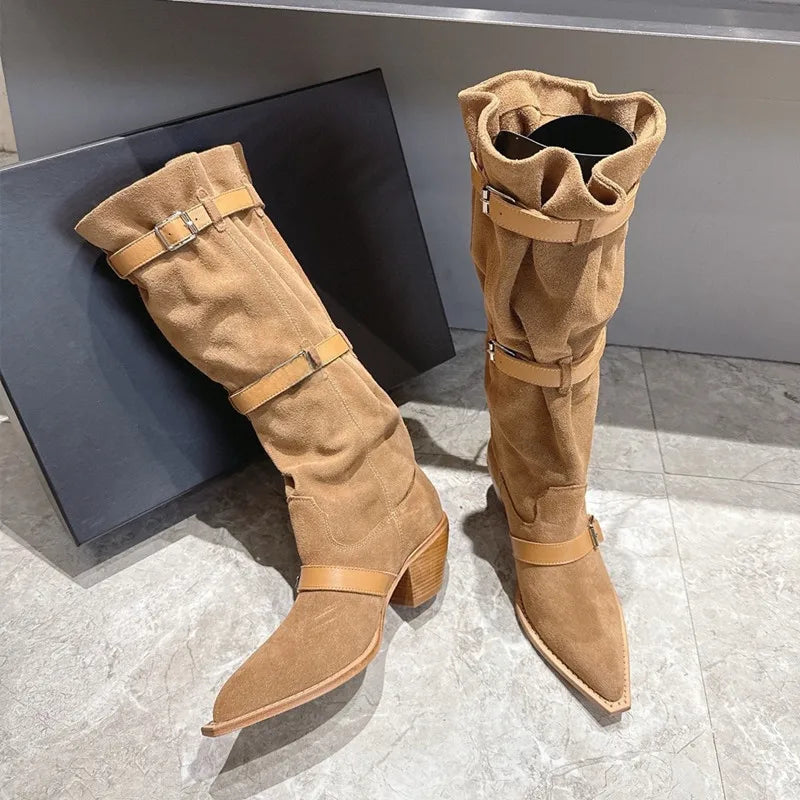 Vintage Pleated Belt Buckle Faux Suede Knee High Boots High heels Western Cowboy Knight Boots Shoes