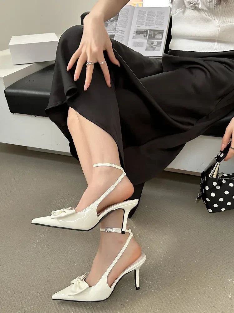 Design Butterfly-knot Woman Pumps Sandals Slingbacks Pointed Toe Ankle Buckle Strap Thin Low Heels Mules Shoes