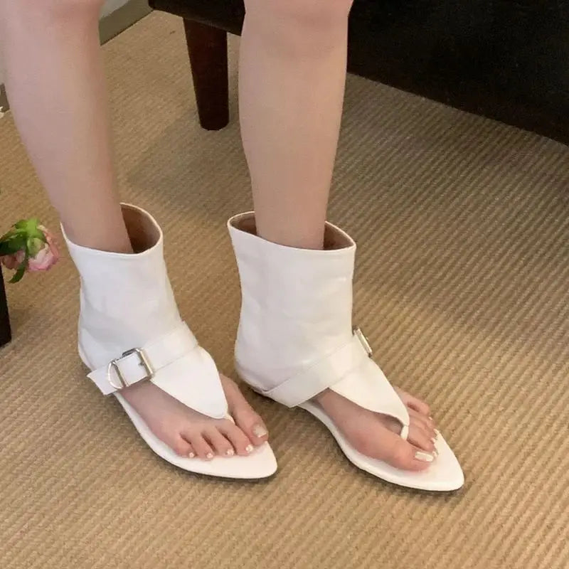 White Sandals Woman Thong Low Heels Ankle Boots Shoes Punk Black Sandals Brown Flip Flops Sandales Femmes 2025