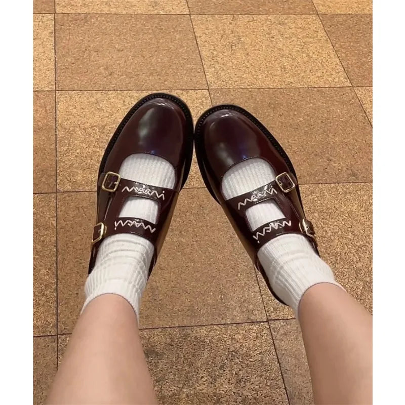 Niche British Style Embroidered Letter Small Leather Shoes Metal Buckle Loafers Shoes