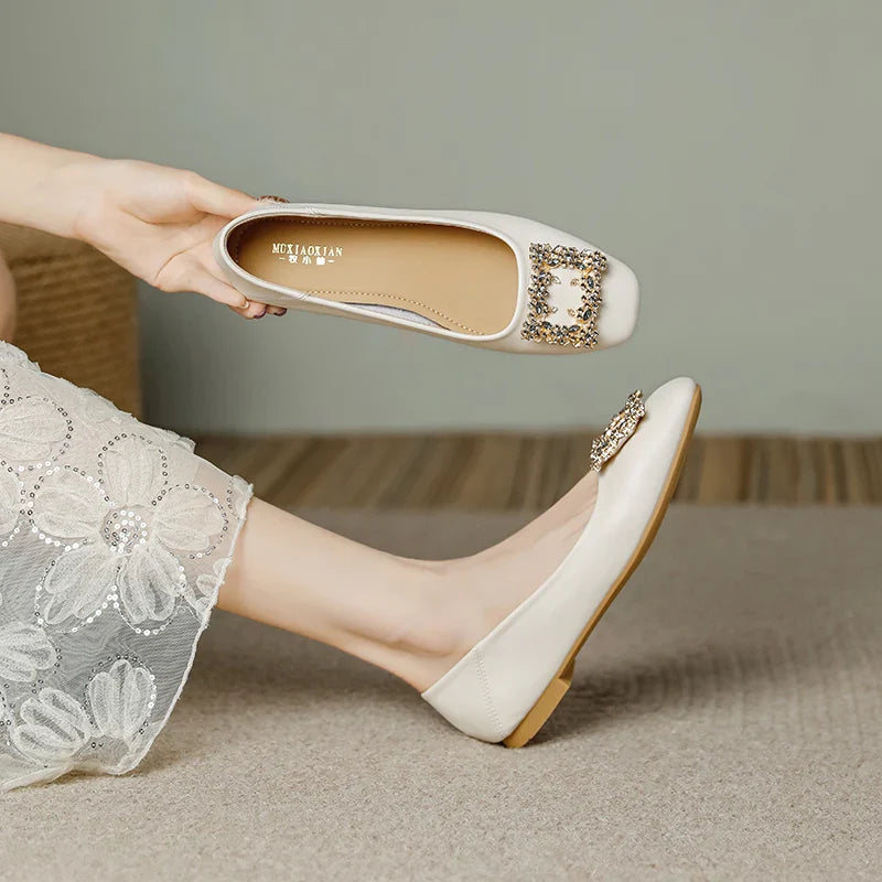 Rhinestone Lace square buckle Square Closed Toe Slip On Flat Shoes Solid