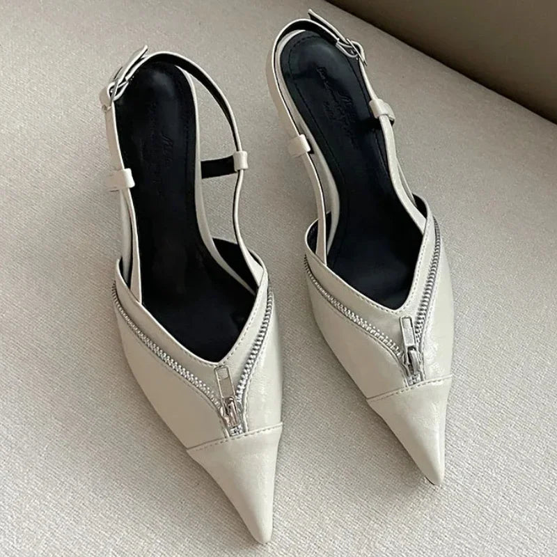 Pointed Toe Mules Pump Zip Design Slingbacks High Heels Footwear Elegant Brand Shoes