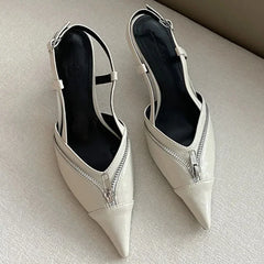 Pointed Toe Mules Pump Zip Design Slingbacks High Heels Footwear Elegant Brand Shoes