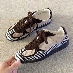 Zebra Stripes Flats Sports Shoes Leather Patchwork Breathable Sneakers Casual Lace Up Comfort Running Shoe