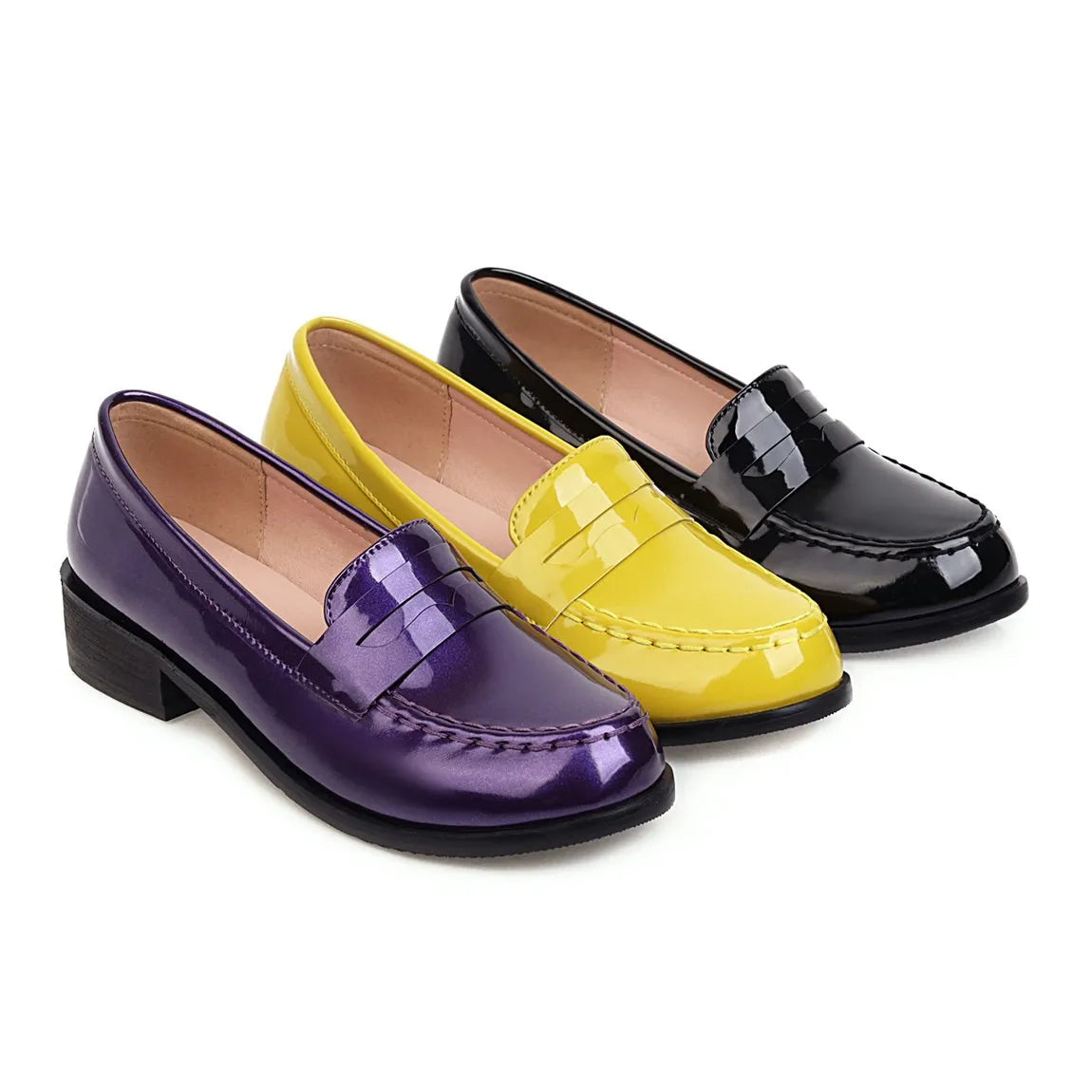 Low Heels Loafers Slip On Patent Leather Casual Daily Work Shoes Purple Black Yellow Plus Size 41 42 43
