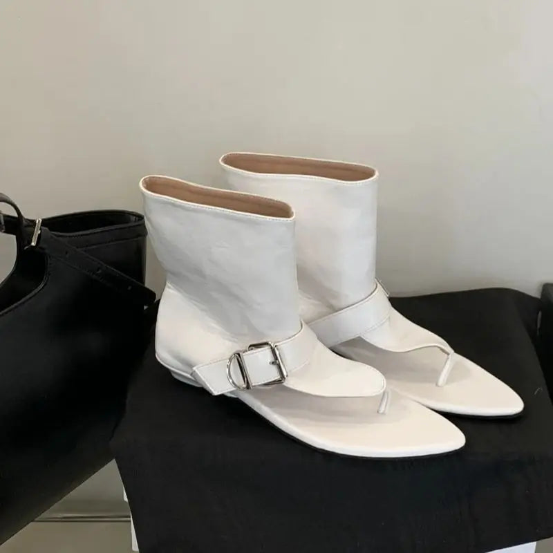 White Sandals Woman Thong Low Heels Ankle Boots Shoes Punk Black Sandals Brown Flip Flops Sandales Femmes 2025