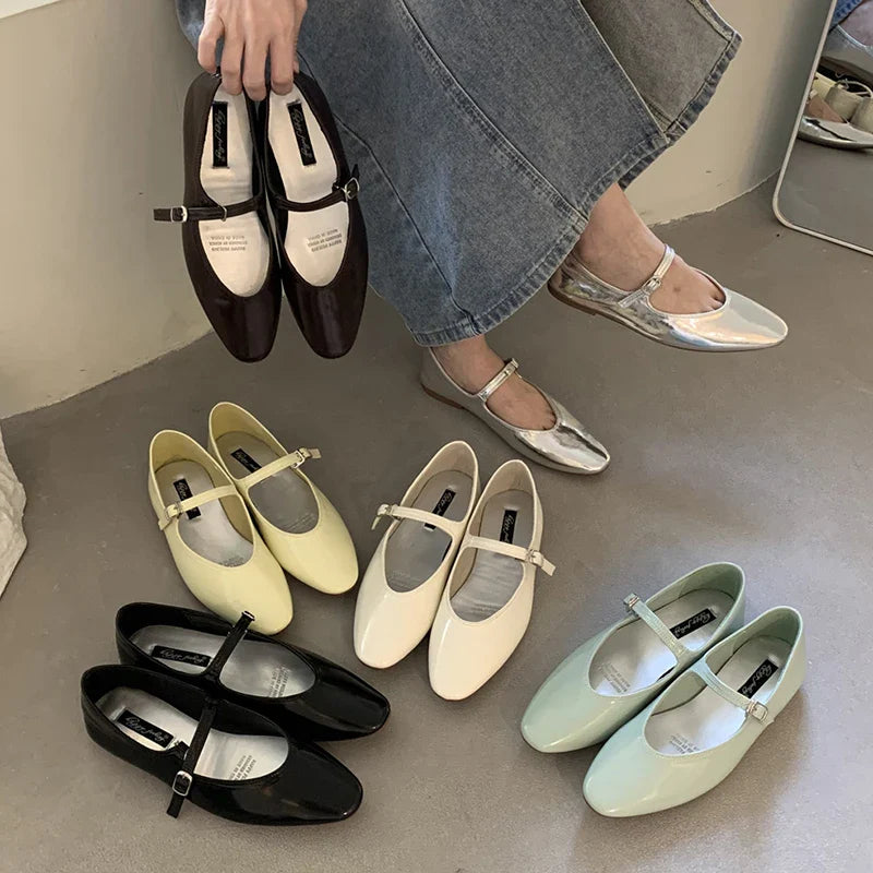 Flat mary janes shoes woman candy color soft leather ballet flats ankle strap comfy mocaasins