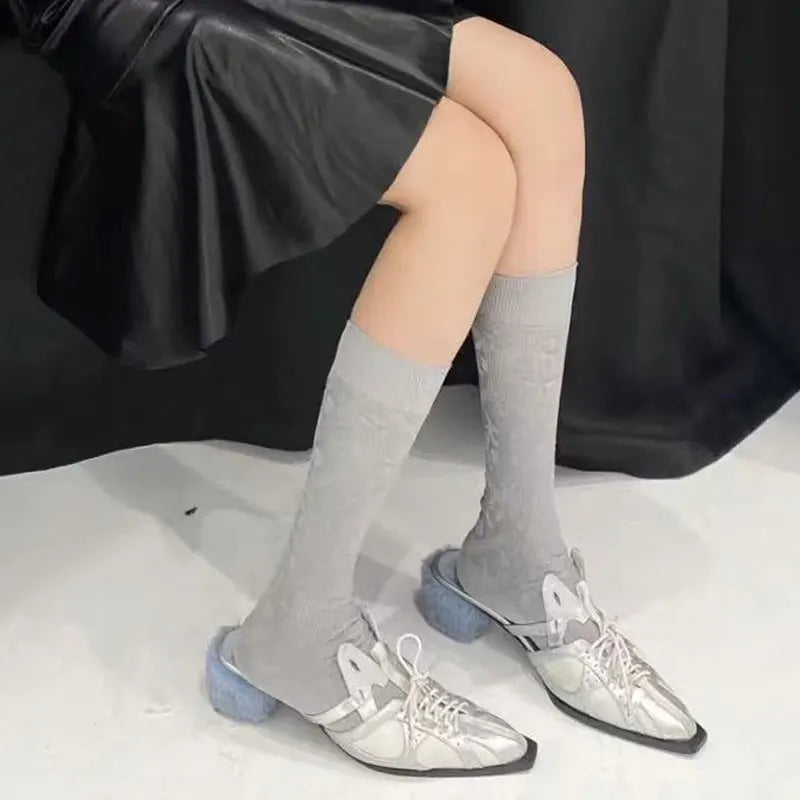 Hollow Out Pointed-Toe Color-Block High Heels Comfortable Breathable Casual Sandals Plush Heel Mules Personality Shoes