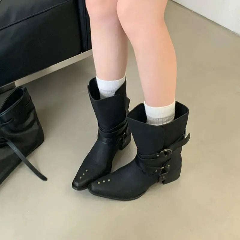 Black Chunky Heels Ankle Boots Woman Pointed Toe Rivet Fall Shoes Belt Buckle Western Style Cowboy Boots Zapatos Mujer