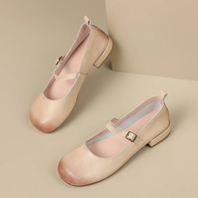 Vintage Round Toe Low Heels Genuine Leather Casual Office Working Shoes Woman Retro Style