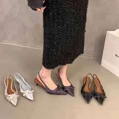 Bowktie pointed toe slingbacks low thin heel