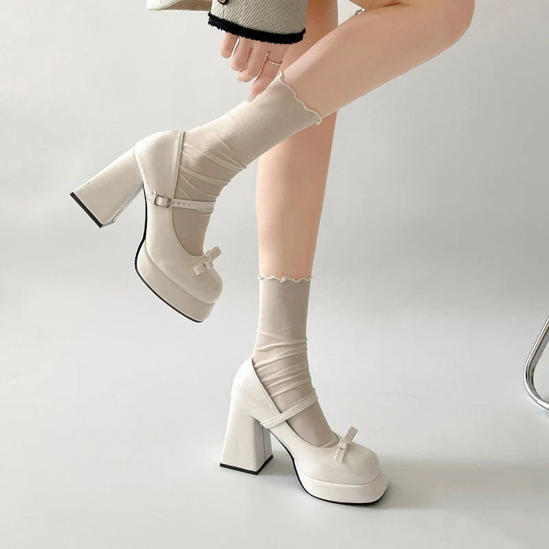 Platform Thick Heel Mary Jane Shoes Square Toe Shoes Elegant Height Increase