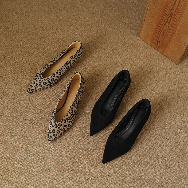 Real sheep leather leopard pointed toe slip on pumps
