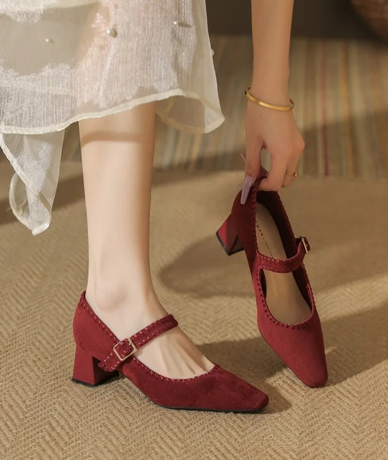 High Heeled One-word Buckle with Light Mouth Pumpss Thick Heel Small Square Head Mary Jane Shoes