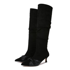 High Heels long boots shoes pointed toe leather bowknot flock knee high botas mujer 41-43 big size booties