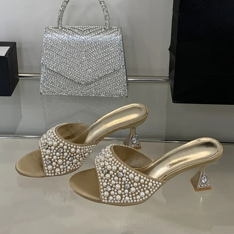 White Pearl Sandals Open Toe Crystal Rhinestone Low Heels Mules Party