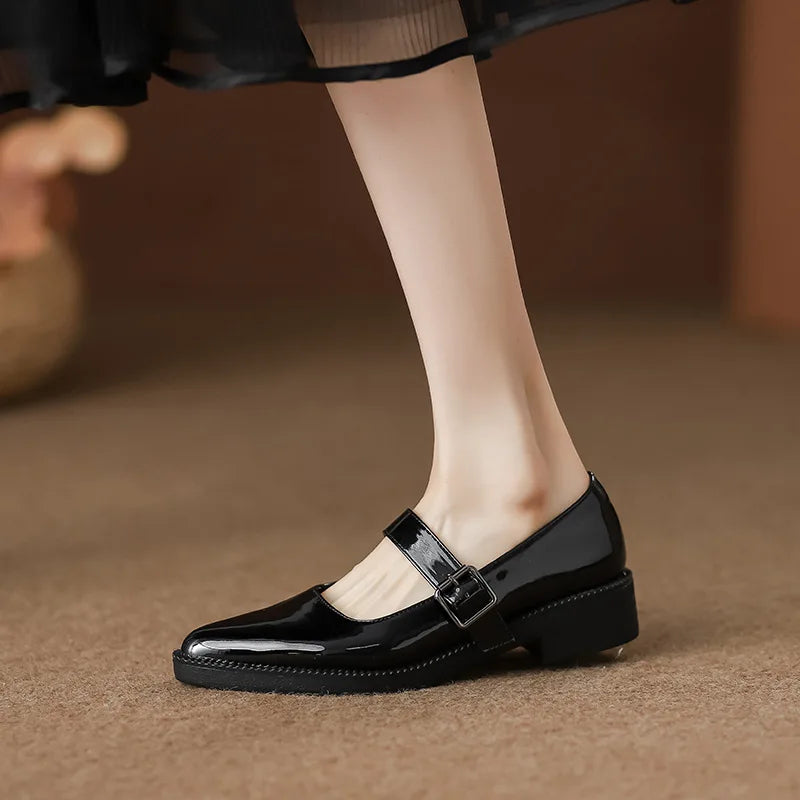 Patent Leather Buckle Strap Oxfords Woman Pointed Toe Shoes Low Heel Flats Mary Janes Lolita Derby Loafers Femme Sneakers