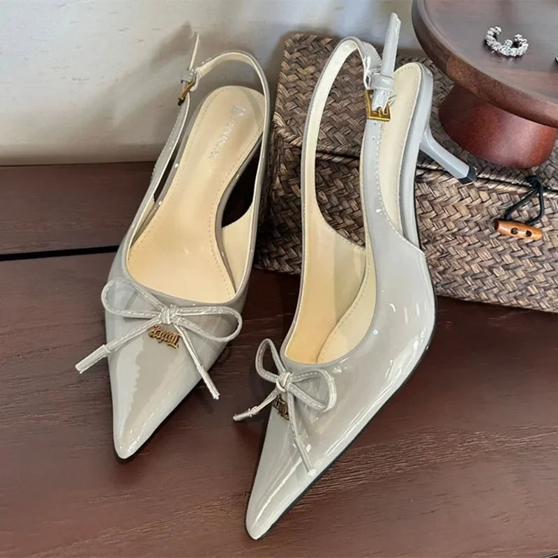Bow Metal Buckle Design High Heels Pointed Toe Patent Leather Slingback Heeled Sandals Elegant Party Shoes