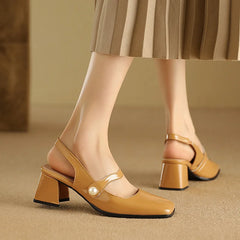 Slingback Sandals Square Toe Patent Leather Block High Heeled Mary Jane Shoes Gold Silver