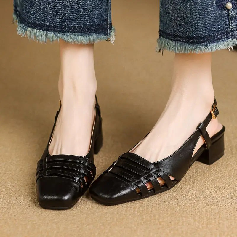 Design Vintage Square Toe Block Heels 3.5cm Back Buckle Strap Big Size 43 Dating Shoes 31 32