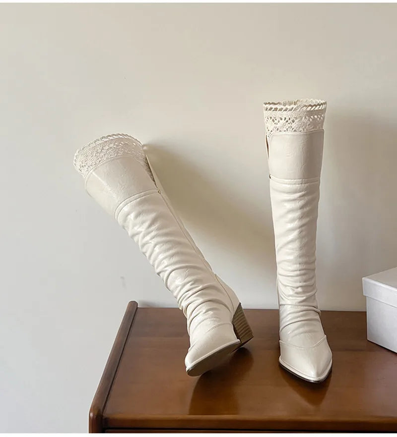 Pleated Design Knee-High Boots Vintage Faux Suede Lace High heels Western Cowboy Long Booties Shoes