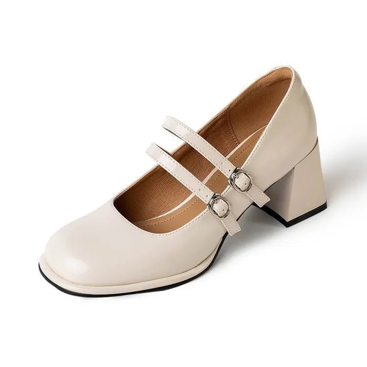 French Retro Leather Chunky Mary Jane Shoes Soft Soled Slip-on High Heels JK