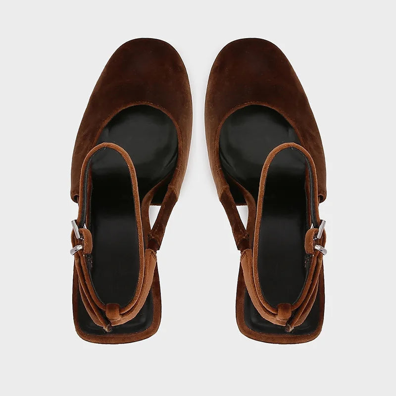 Retro Brown Faux Suede High Heels Round Toe Ankle Strap Buckle Brand Shoes Elegant Banquet