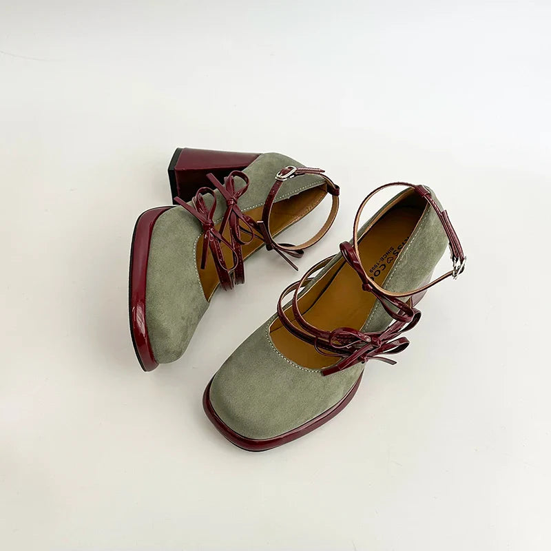 Thick Heel Mary Jane Shoes Butterfly-knot Buckle Strap Shoes Elegant Party Dress Pumps
