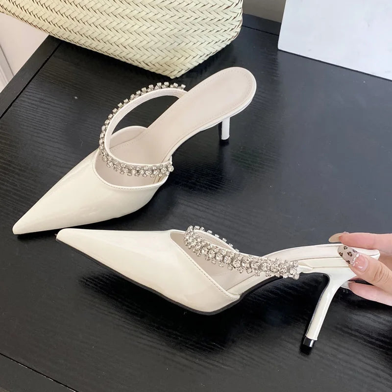 Street CRYSTAL Slipper Pointed Toe Thin Low Heel Sandal Slip On Mules Shoes Zapatos Mujer