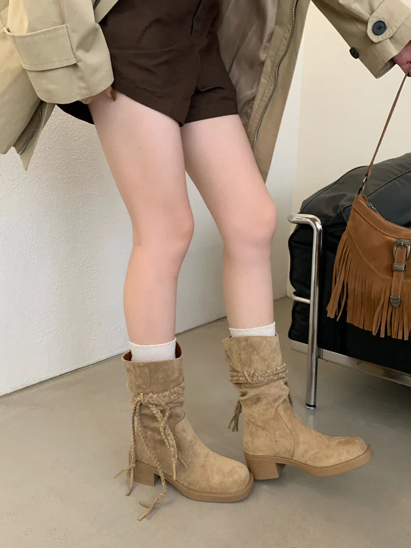 Brown Suede Boots Woman Round Toe Chunky Heels Boots Fall Black Rocks Shoes Botas Western Cowboy Feminina