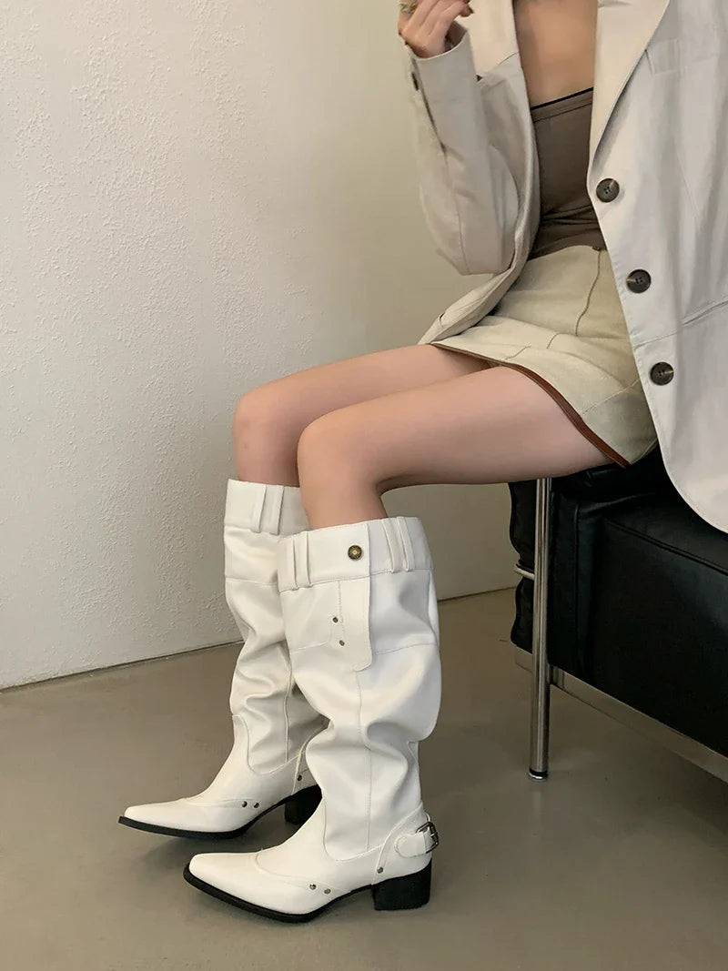 Black Boot Knee High Long Shoes Woman Pointed Toe Chunky Heels White Boots Belt Buckle Rivet Wide-Leg Shoe