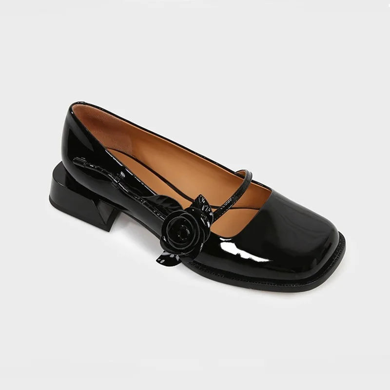 rose flower patent leather shoes woman brand sqaure toe pumps thick heel button strap mary janes talons hauts