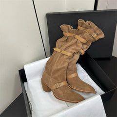 Vintage Pleated Belt Buckle Faux Suede Knee High Boots High heels Western Cowboy Knight Boots Shoes