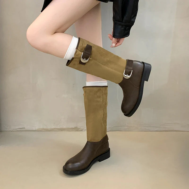 Belt Buckle Knight High Boots Thick Heel Shoes Vintage Slip On Slim Long Booties Zapatos De Muje