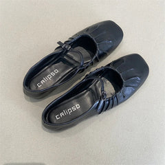 Pleated Mary Janes Flats Shoes Square Toe Pu Leather Comfortable Elegant Red Shoes Shallow Black Ballet Flats