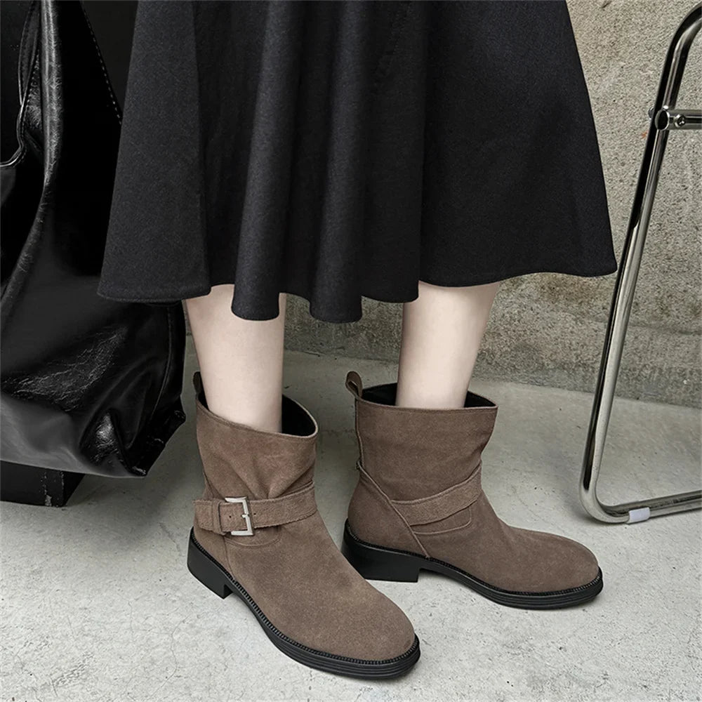 Ankle Boots Cow Suede Round Toe Motorcycle Boots Thick Low Heels Warm Shoes Buckles Boots