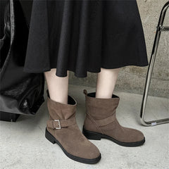 Ankle Boots Cow Suede Round Toe Motorcycle Boots Thick Low Heels Warm Shoes Buckles Boots