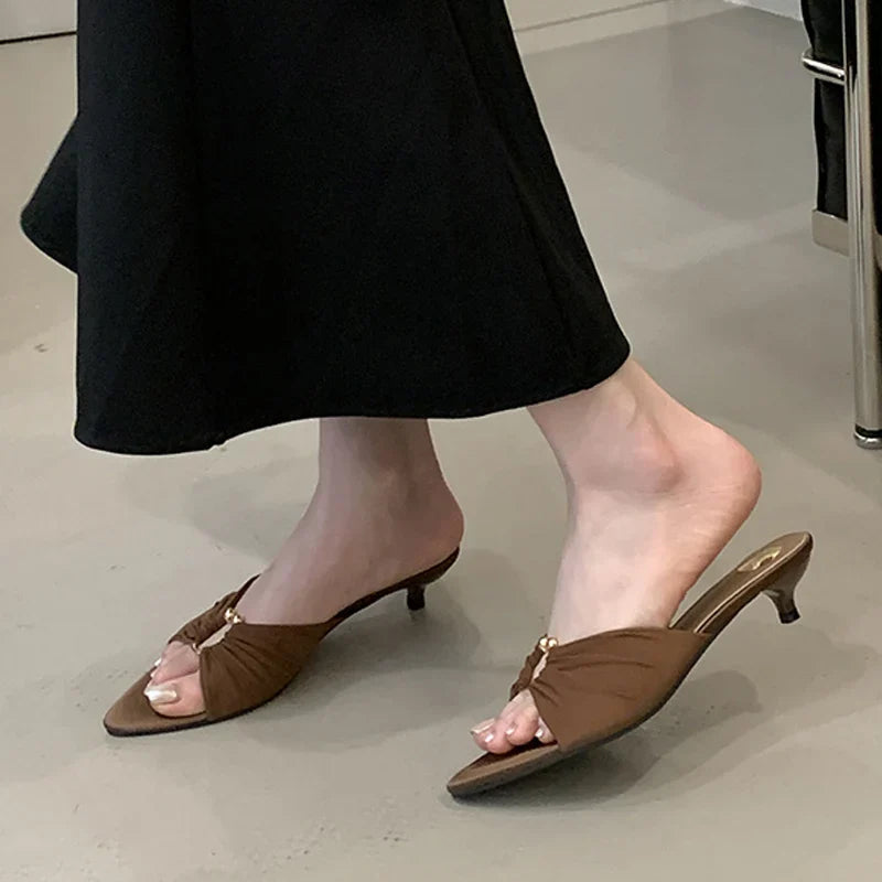 Pleated Silk Hollow Out Metal Buckle Slippers Sandal Pointed Toe Low Thin Heels Beach Party