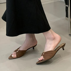 Pleated Silk Hollow Out Metal Buckle Slippers Sandal Pointed Toe Low Thin Heels Beach Party
