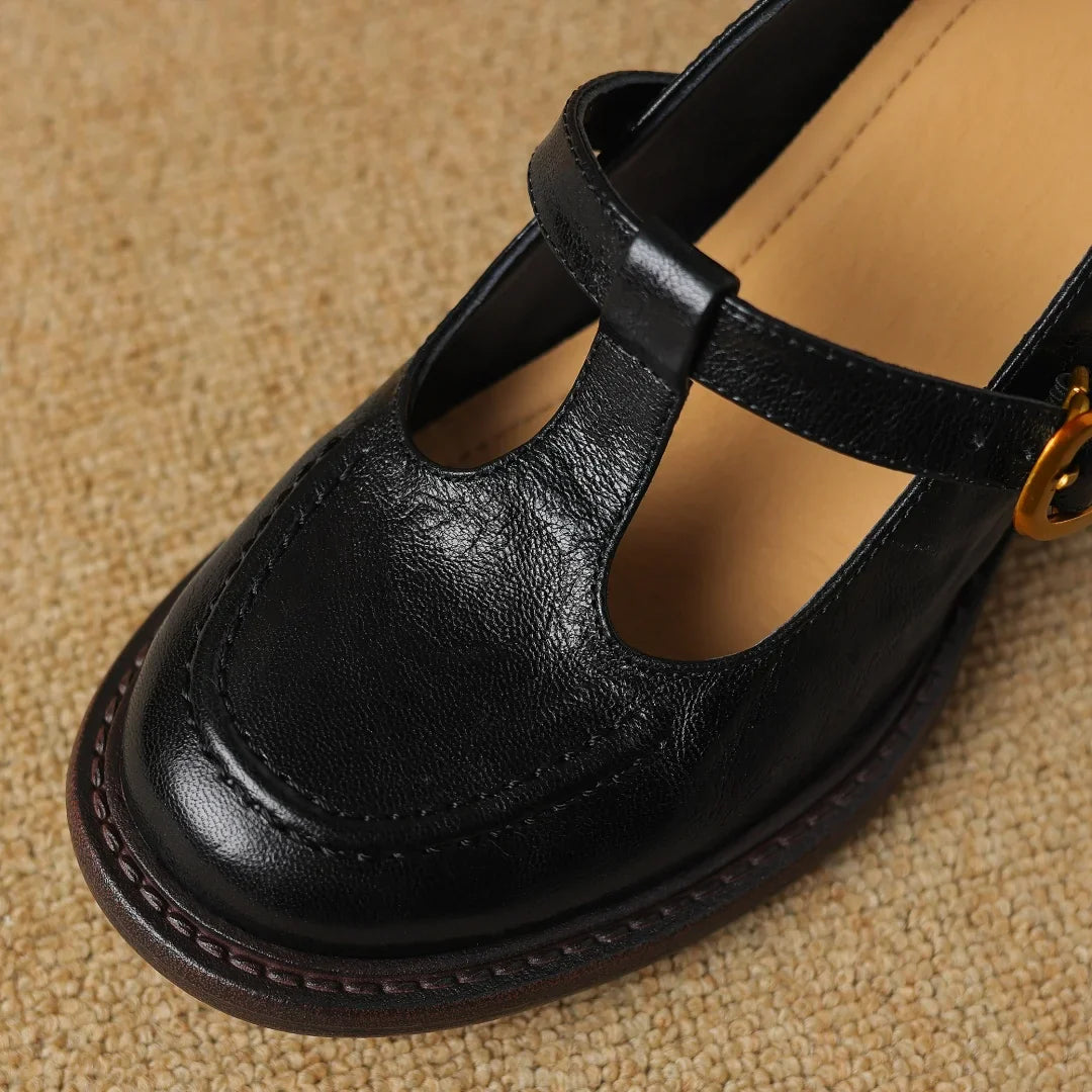 sheepskin chunky heel round toe t-strap slip-on pumps British style retro med heeled shoes