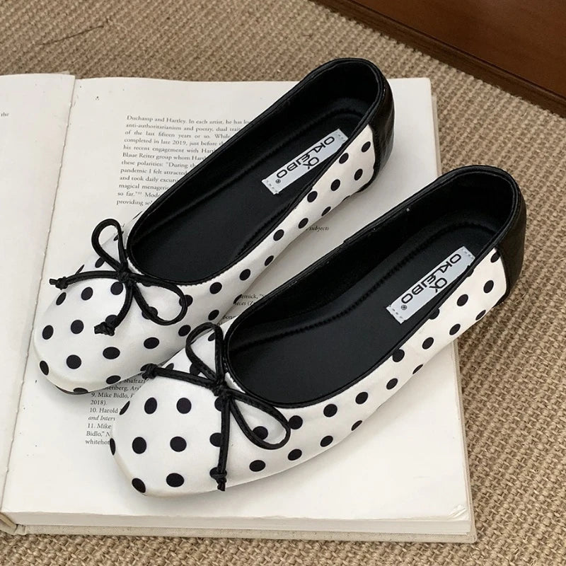 Polka Dot Butterfly-Knot Ballet Flats Round Toe Shallow Comfort Casual Satin Elegant Footwear