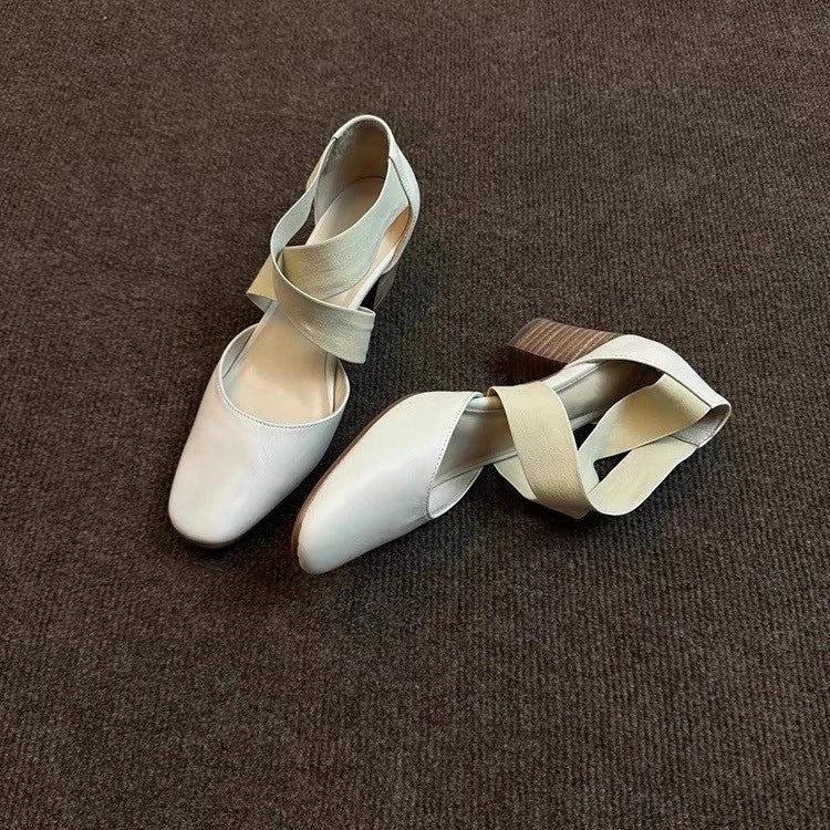 Women'sShoes Square Toe Thick Middle Heel Cross Elastic Cowhide Color Office Shallow Single Shoes