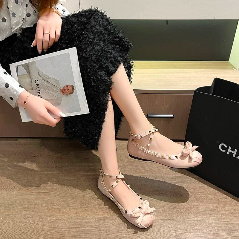 Shoes Rivets Causal Ballet Flats Bowknot Versatile Flat Shoes Ankle-strap