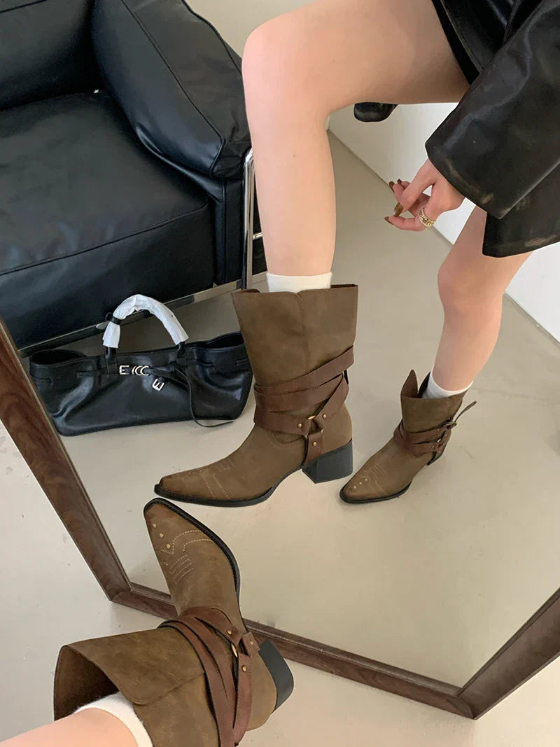Black Chunky Heels Ankle Boots Woman Pointed Toe Rivet Fall Shoes Belt Buckle Western Style Cowboy Boots Zapatos Mujer