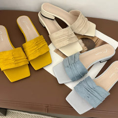 Square Toe Slippers Low Heel Casual Slides Comfort Non-slip Sandals Flats Beach Shoes