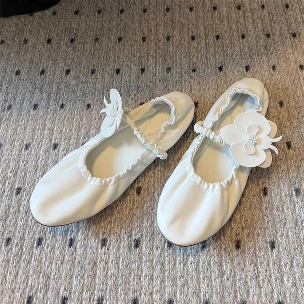 Round Toe Flower Sandals Flat Mary Janes Elastic Band Casual Ballet Shoes Slip On Wrinkles Elegant
