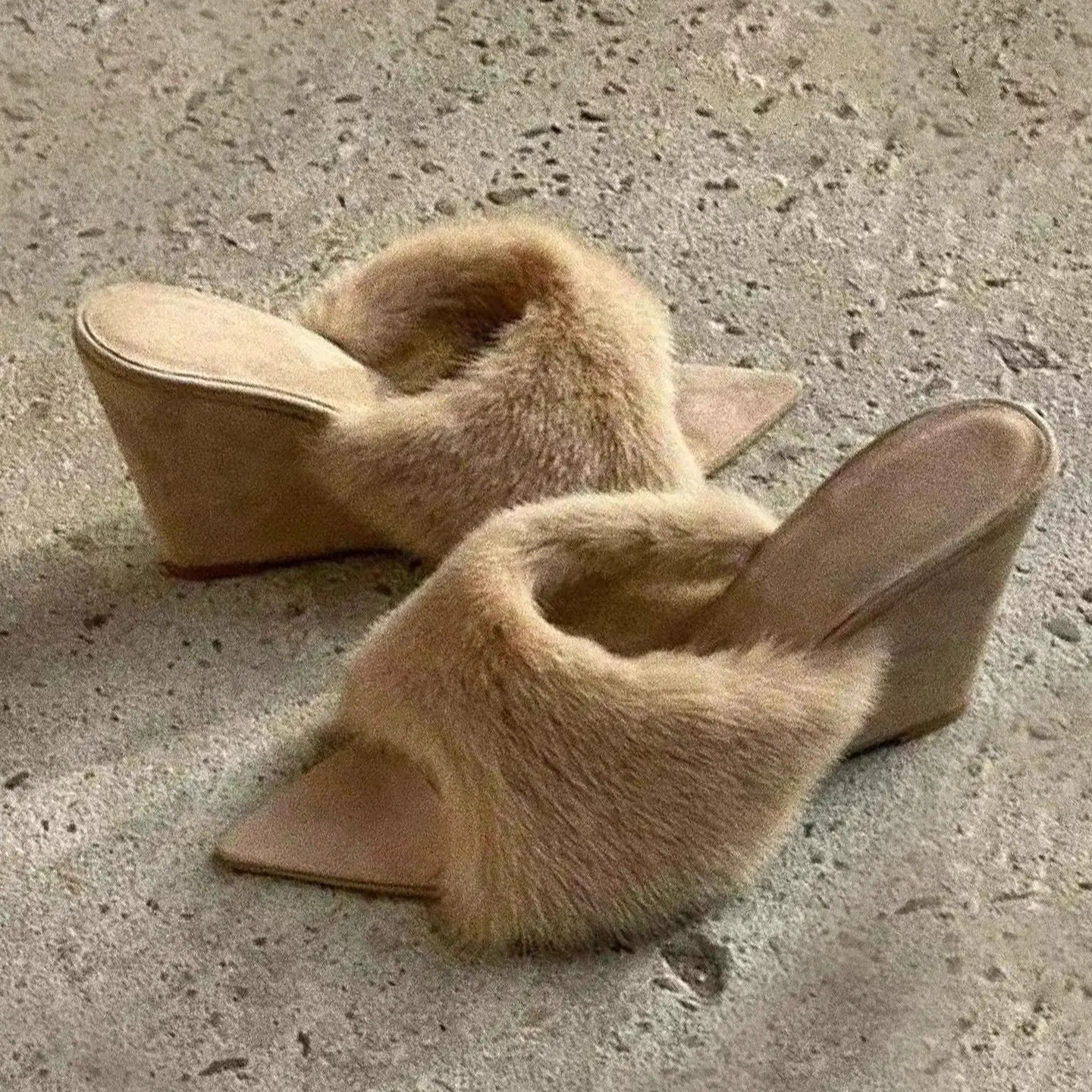 Plush Slippers French Pointed Open-toed Fluffy Slippers Home Outdoors Wedge Shoes Heels Highquality